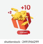 Gold coins are collected in orange Gift box be redeemed for points after shopping online or using delivery services, vector 3d isolated on white background for promotion sale design