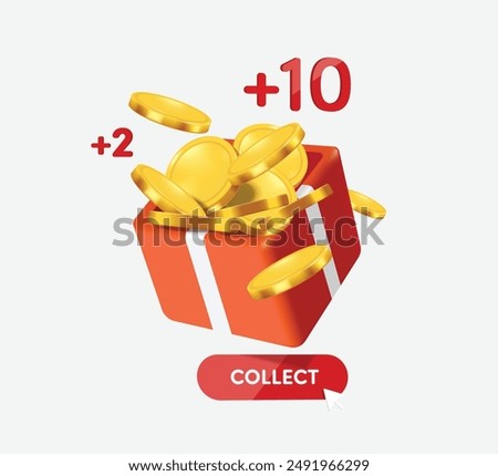 Gold coins are collected in orange Gift box be redeemed for points after shopping online or using delivery services, vector 3d isolated on white background for promotion sale design