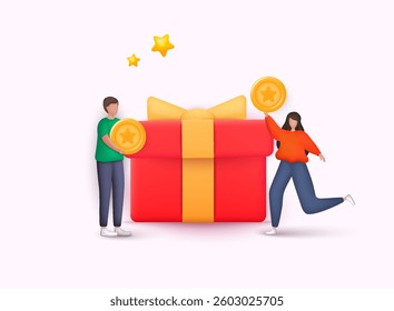 Gold coins are collected in red Gift box.  Gifts and presents for holiday celebration and special sales offer. 3D Web Vector Illustrations.