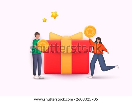 Gold coins are collected in red Gift box.  Gifts and presents for holiday celebration and special sales offer. 3D Web Vector Illustrations.