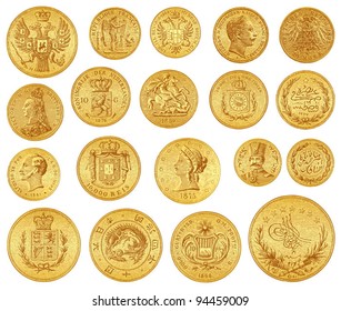 Gold coins collection / vintage illustration from Meyers Konversations-Lexikon 1897
