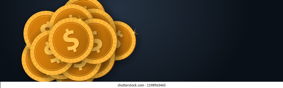 Gold Coins Concept banner on the dark background. Vector Template
