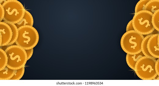 Gold Coins Concept banner on the dark background. Vector Template