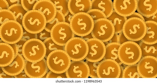 Gold Coins Concept banner on the dark background. Vector Template