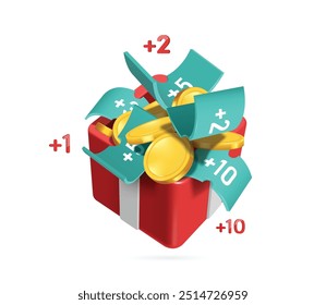 Gold coins and coupon are collected in red Gift box be redeemed for points after shopping online or using delivery services, vector 3d isolated on white background for promotion sale