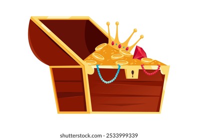 Gold and coins, crowns and jewelry. Vector isolated treasures in old vintage wooden chest, pirate hunt for ancient royal wealth and money. Open container with wealthy gemstones and necklaces