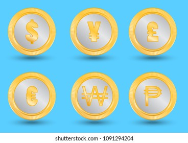 Gold coins of currencies of different countries,Foreign Exchange,a coin with a dollar sign; coin with euro sign; coin with the pound sterling; coin with the image of the Japanese Yen,graphic design,ve
