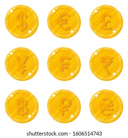 Gold coins with a currency symbol in a flat style. Money icon. Vector.