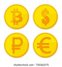 Gold coins different currency. Bitcoin, dollar, euro, ruble, bitcoin signs for business, finance, exchange money theme. Vector illustration.