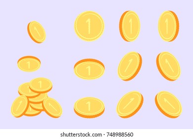 Gold coins in different foreshortening. Set of elements for design of casino, for print, for tattoo. Typographical design. Color vector illustration EPS8.