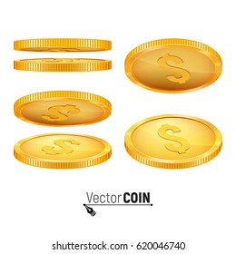 Gold coins in different position. Money isolated on a white background. Vector illustration.