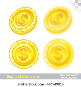 Gold coins in different position with sharp and depth of field effect