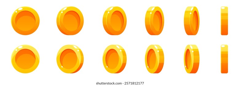 Gold coins in different positions. Set of rotating gold coins. Gold money, bank, money treasures, earnings, piggy bank, financial literacy. Elements of rotation of winnings in jackpot, casino, poker.