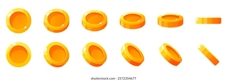 Gold coins in different positions. Set of rotating gold coins. Gold money, bank, money treasures, earnings, piggy bank, financial literacy. Elements of rotation of winnings in jackpot, casino, poker.
