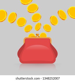 Gold coins from different sources are falling into red purse. Savings and benefits concept