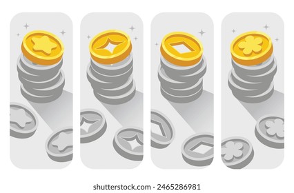 Gold coins in different style, star, sparkle, bloom. Isometric coins on gray background. Business finance banner. Vector illustration.