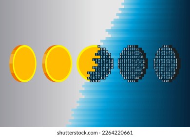 Monedas de oro y dinero digital hecho con código binario. Concepto de dinero electrónico y cartera electrónica, datos financieros digitales y criptodivisa