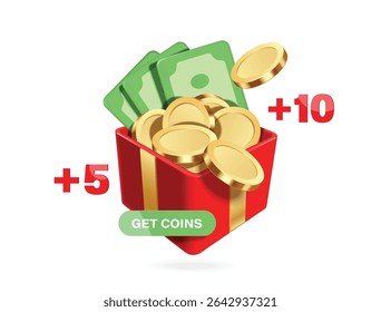 Gold coins and dollar bills are collected in a red gift box to design an advertising promotion to collect points or get coins to be used as a right to exchange for cash, vector 3d isolated for design