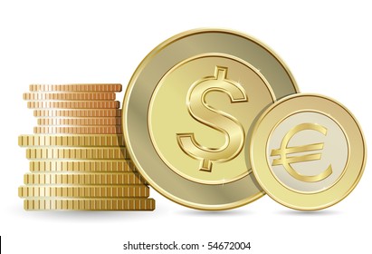 Gold coins. Dollar and euro. Stock Vector