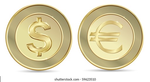 Gold coins. Dollar and euro.