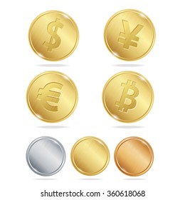 Gold Coins Dollar Euro Bitcoin Yuan Set. Vector illustration