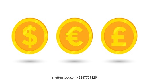 Gold coins dollar, euro and pound. Business icons, illustration, icon, vector