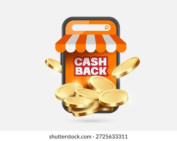Las monedas de oro o monedas de dólar flotan en el aire y se amontonan frente a la tienda de teléfonos inteligentes con una pantalla naranja, utilizada para el diseño de Anuncios de promoción para la publicidad de devolución de dinero más se compra más dinero que se devuelve.