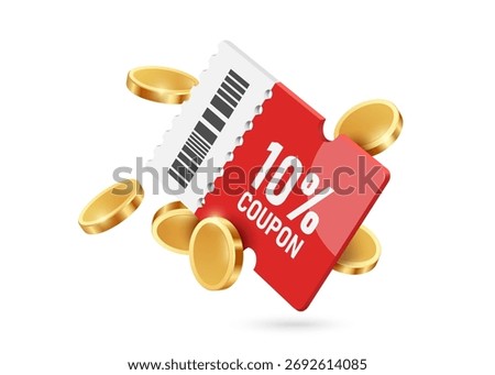Gold coins or dollar coins float in mid-air around a red and white coupon card with the text 10% off, vector 3d illustration isolated on white background for banner advertising design