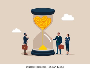 Gold coins dollar in sandglass. Long term investment return, retirement pension fund. Modern vector illustration in flat style