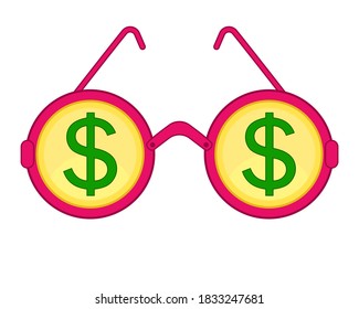 Gold Coins With Dollar Sign And Pink Round Glasses. Vector Illustration.