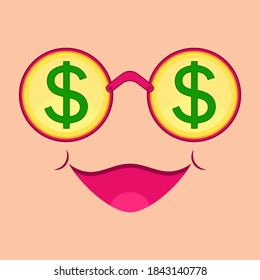 Gold Coins With Dollar Sign. Pink Round Glasses And A Face With A Smile. Vector Illustration.