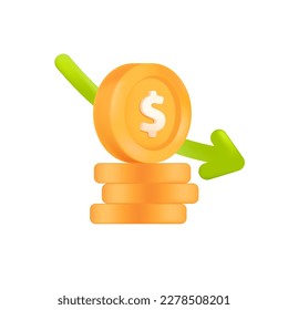 Gold coins with dollar signs and downward arrow 3D illustration. Financial crisis, cartoon drawing of stack of coins in 3D style on white background. Finances, recession, economy, bankruptcy concept