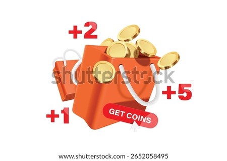 Gold coins or dollar coins are stored in shopping bag with numbers and plus signs to convey promotion for collecting coins or accumulating points to exchange for products or discounts, vector 3d