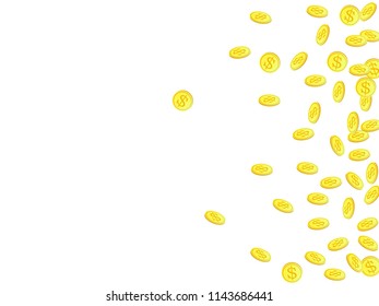 Gold coins with dollar symbol vector illustration. Mining concept. Isolated gold metal dollar or cent coins falling. Cash money, change or tips  financial symbols. Income, profit, payment concept.