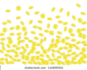 Gold coins with dollar symbol vector illustration. Save money concept. Isolated gold metal dollar or cent coins falling. Cash money, change or tips  financial symbols. Reward, payment concept.