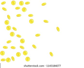 Gold coins with dollar symbol vector illustration. Currency concept. Isolated gold metal dollar or cent coins falling. Cash money, change or tips  financial symbols. Investment, income concept.