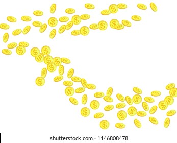 Gold coins with dollar symbol vector illustration. Earnings concept. Isolated gold metal dollar or cent coins falling. Cash money, change or tips  financial symbols. Casino prize background.