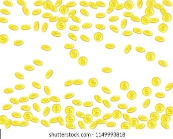 Gold coins with dollar symbol vector illustration. Save money concept. Isolated gold metal dollar or cent coins falling. Cash money, change or tips  financial symbols. Casino jackpot background.