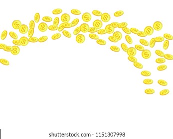 Gold coins with dollar symbol vector illustration. Mining concept. Isolated gold metal dollar or cent coins falling. Cash money, change or tips  financial symbols. Income, profit, payment concept.