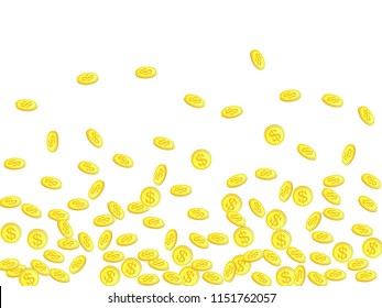 Gold coins with dollar symbol vector illustration. Mining concept. Isolated gold metal dollar or cent coins falling. Cash money, change or tips  financial symbols. Casino jackpot background.