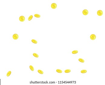 Gold coins with dollar symbol vector illustration. Savings concept. Isolated gold metal dollar or cent coins falling. Cash money, change or tips  financial symbols. Reward, budget, income concept.