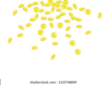 Gold coins with dollar symbol vector illustration. Savings concept. Isolated gold metal dollar or cent coins falling. Cash money, change or tips  financial symbols. Lottery fortune background.