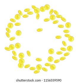 Gold coins with dollar symbol vector illustration. Abundance concept. Isolated gold metal dollar or cent coins falling. Cash money, change or tips  financial symbols. Reward, budget, profit concept.