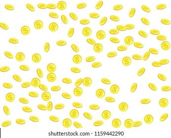 Gold coins with dollar symbol vector illustration. Earnings concept. Isolated gold metal dollar or cent coins falling. Cash money, change or tips  financial symbols. Income, profit, payment concept.