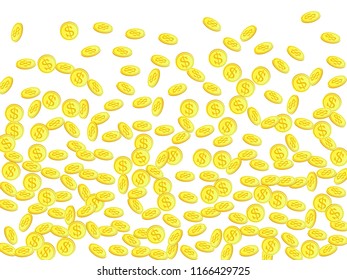 Gold coins with dollar symbol vector illustration. Save money concept. Isolated gold metal dollar or cent coins falling. Cash money, change or tips  financial symbols. Reward, payment concept.