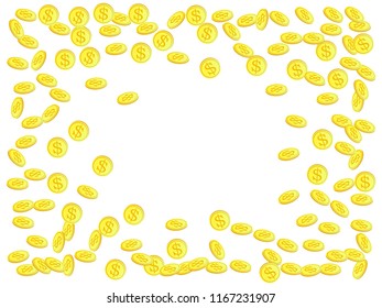 Gold coins with dollar symbol vector illustration. Currency concept. Isolated gold metal dollar or cent coins falling. Cash money, change or tips  financial symbols. Casino big win background.