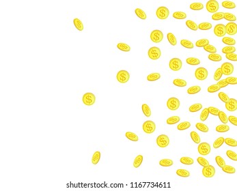 Gold coins with dollar symbol vector illustration. Earnings concept. Isolated gold metal dollar or cent coins falling. Cash money, change or tips  financial symbols. Reward, payment concept.