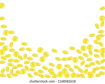 Gold coins with dollar symbol vector illustration. Abundance concept. Isolated gold metal dollar or cent coins falling. Cash money, change or tips  financial symbols. Reward, payment concept.