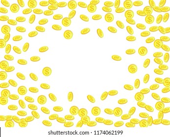 Gold coins with dollar symbol vector illustration. Wealth concept. Isolated gold metal dollar or cent coins falling. Cash money, change or tips  financial symbols. Casino big win background.