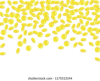 Gold coins with dollar symbol vector illustration. Mining concept. Isolated gold metal dollar or cent coins falling. Cash money, change or tips  financial symbols. Gambling prize background.